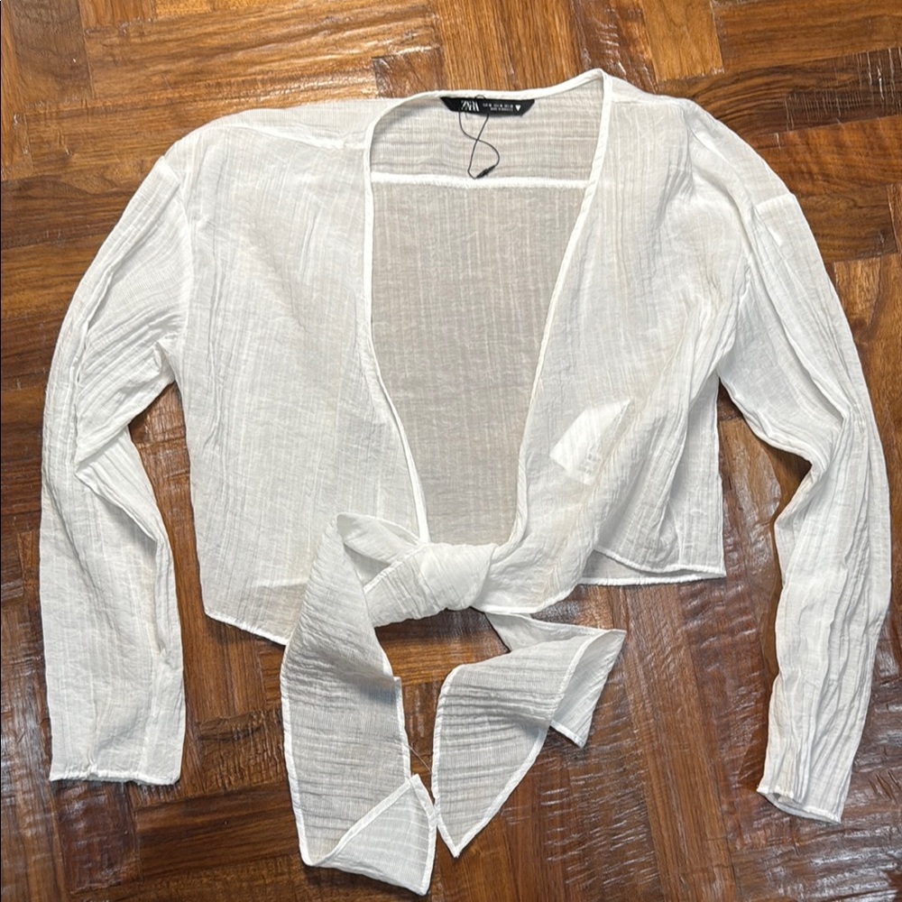 ZARA White Sheer Long Sleeve Wrap Top – Size M